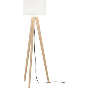 Fischer & Honsel Staande lamp SHINE-WOOD, nikkelkleuren mat/eiken naturel geolied/wit linnen, D: 54 cm, in hoogte verstelbaar van 140-164 cm, schakelbaar met trekschakelaar, 3 x E27, max. 40 watt