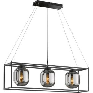 Fischer & Honsel Hanglamp, Regi | mat zwart | rookglas | L: 90 cm x B: 20 cm | Plafond 160 cm | In hoogte verstelbaar | 3 x E27 max. 40 Watt | 60605