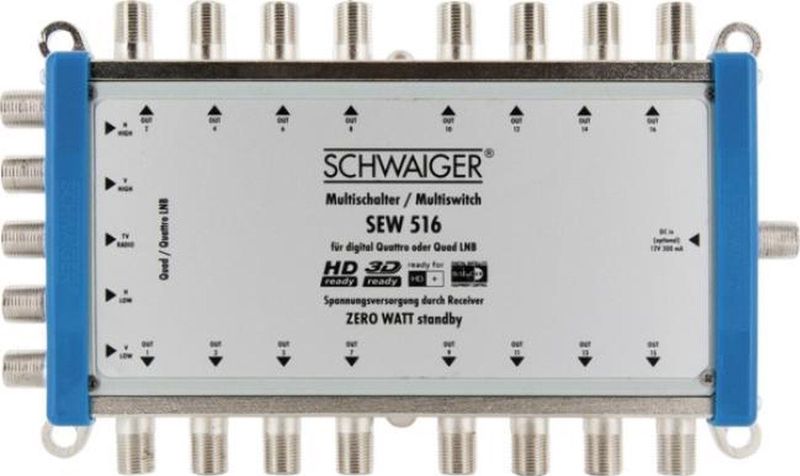 Schwaiger SEW516 531 Satelliet multiswitch Ingangen (satelliet): 5 (4 satelliet / 1 terrestrisch) Aantal gebruikers: 16 Standby-functie, geschikt voor Quad LNB
