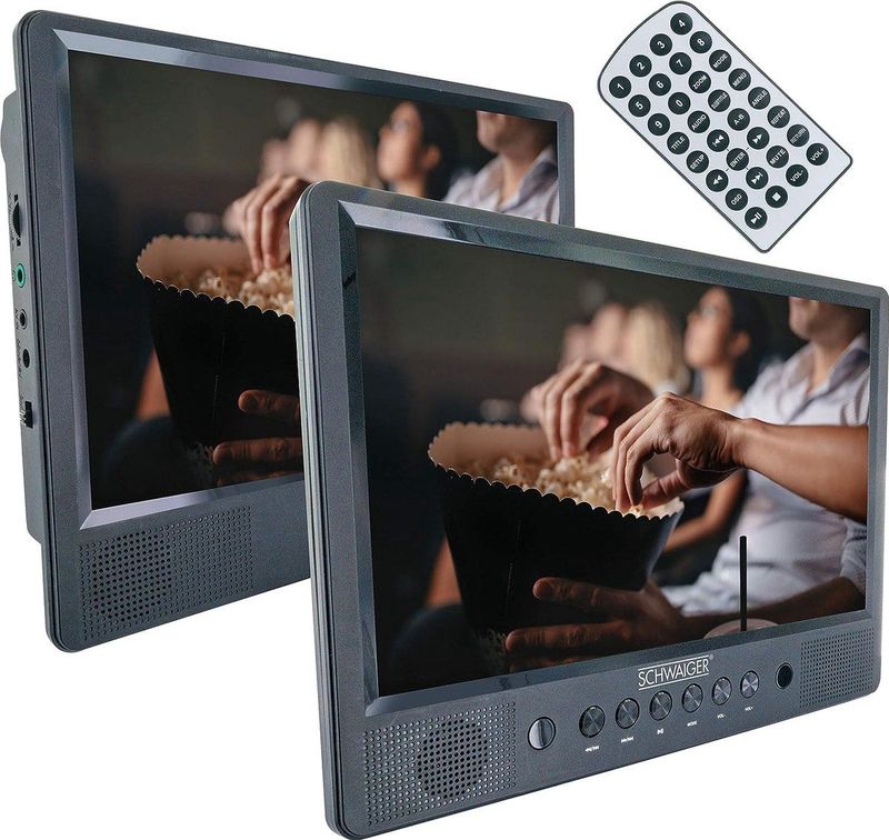 SCHWAIGER -716474- Draagbare DVD-CD-speler | 10 inch scherm | LCD-scherm | DVD-speler | 1 afstandsbediening | SD/USB | met standaard | met bevestigingsmateriaal voor auto | zwart