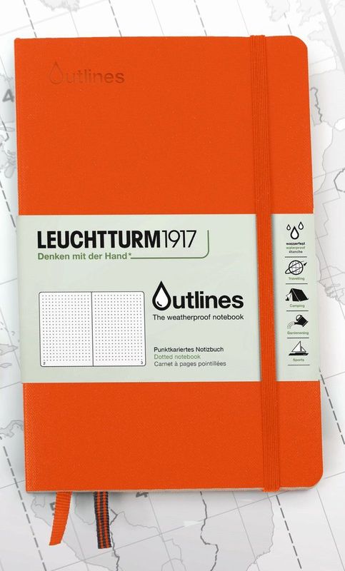 LEUCHTTURM1917 Outlines Paperback (B6+) Flexcover notitieboek, 89 numpagina's, 150 g/m², zeekaartpapier, waterdicht, signaal-oranje