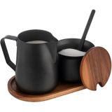 APS - 634 - Melk- en Suikerset - 5-delige Set - Acaciahout - Roestvrij Staal PTFE Gecoat - Zwart