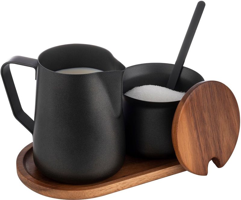 APS - 634 - Melk- en Suikerset - 5-delige Set - Acaciahout - Roestvrij Staal PTFE Gecoat - Zwart