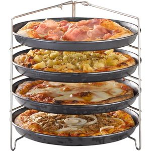 APS Pizzastandaard 26 x 25 cm, hoogte 26 cm, frame voor maximaal 4 pizzaborden Ø 28 cm, roestvrij staal, afstand tussen de niveaus: 5,5 cm, opvouwbaar, voor professioneel pizza-koken