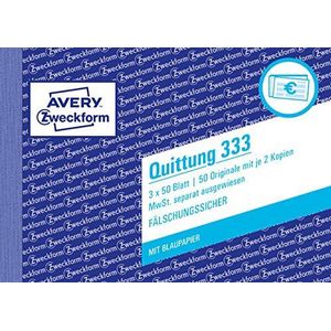 AVERY Zweckform 333 kwitantieblok (A6 liggend, 3 x 50 vel, 2 vellen blauw papier, vervalsingsbestendige documentdruk, voor bedragen boven € 250 met aparte BTW, voor DE/AT) wit