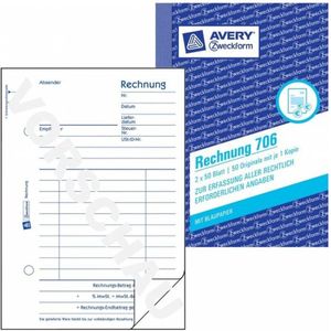 AVERY Zweckform 706 factuur (A6, 2 x 50 vellen, met 1 vel blauw papier en 1 blanco doorslag, met netto- en brutobedrag, btw, enz., voor het verzamelen van alle wettelijk vereiste gegevens) wit/wit