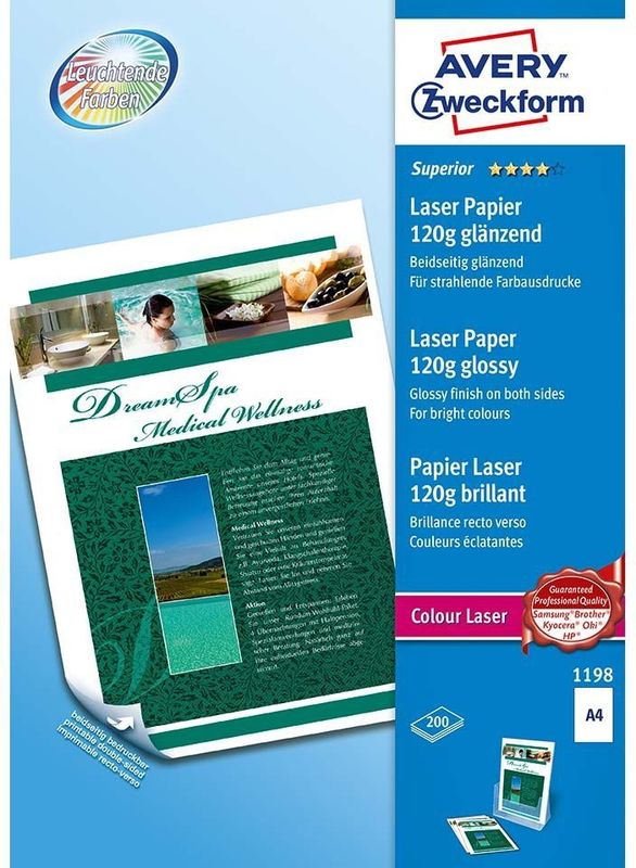 Avery - 1198-200 vellen hoogwaardig fotopapier, glanzend, 120 g/m². A4 – laserprint