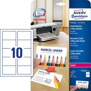 AVERY Zweckform C32026-25 Premium visitekaartjes, blanco (250 stuks, 270 g, 85 x 54 mm, aan beide zijden te bedrukken, gesatineerd ultrawit, absoluut gladde randen, 25 vellen) om zelf op laserprinters