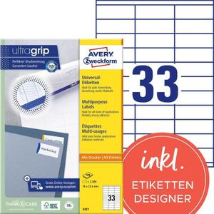 AVERY Zweckform Universal-Etiketten 3421, ultragrip, 70 x 25,4 mm, 3300 Stück