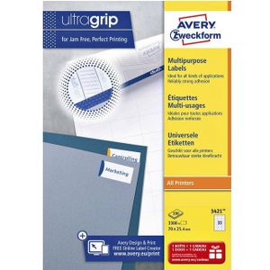 Avery Universele etiketten 70 x 25,4 mm, wit, Inkjetprinter, Laserprinter, Kopieerapparaat, permanent klevend 3421