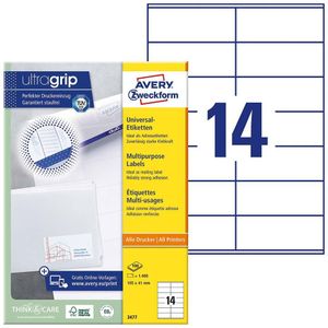 Avery Zweckform 3477, Universele etiketten, Ultragrip, wit, 100 vel, 14 per vel, 105 x 41 mm