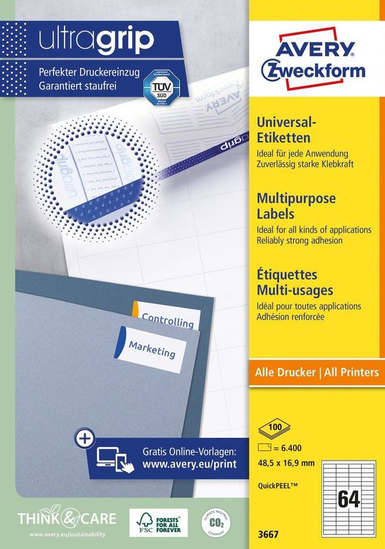 Avery Universele Etiketten, wit, 48,5 x 16,9 mm, permanent klevend