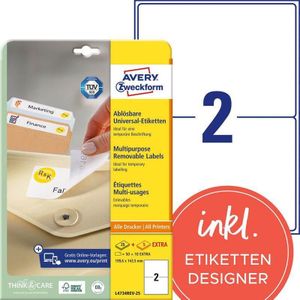 AVERY - Zak met 50 zelfklevende en verwijderbare etiketten, personaliseerbaar en bedrukbaar, labelformaat 199,6 x 143,5 mm, laser-/inkjetprint, (L4734REV-25)