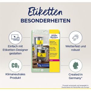 AVERY Zweckform L6127-20 Weerbestendige folieetiketten (99,1x139 mm op DIN A4, extreem sterk zelfklevend, waterbestendig, bedrukbare outdoor kleeffolie) 80 stickers op 20 vellen geel