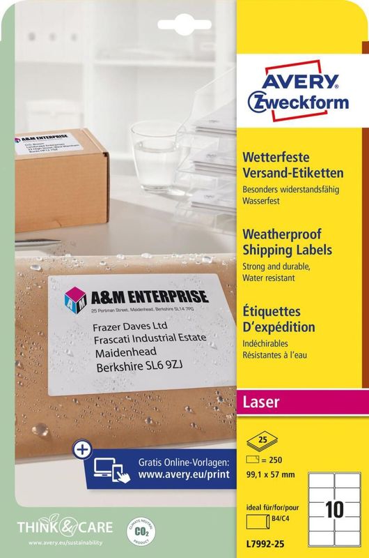 Avery L7992-25 ultra-sterke verzendetiketten A4 99,1 x 57 mm wit (250 etiketten)
