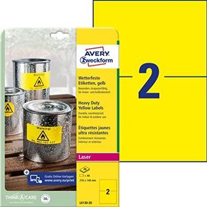 AVERY Zweckform Weerbestendige folie etiketten (40 verkeersstickers, 210x148mm op A4, extreem zelfklevend, waterbestendig, duurzaam, outdoor plakfolie bedrukbaar) 20 vellen, geel