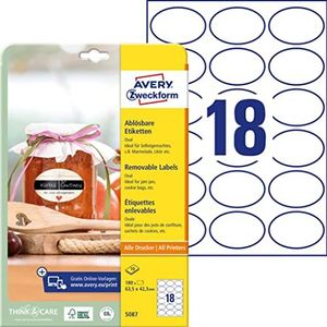 AVERY Zweckform 180 flessenetiketten, zelfklevend (63, 5x42, 3 mm, ovaal, stickers, ideaal voor inmaakpotten, kruidenpotjes, likeurflessen, zelfgemaakte uit de keuken, art. 5087), 10 vellen, wit