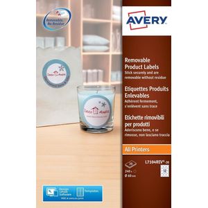 Avery L7104REV-20 verwijderbare productetiketten, diameter 60 mm, 240 etiketten, wit - wit Papier L7104REV-20