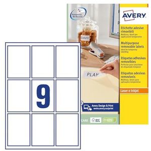 Avery Zelfklevende verwijderbare etiketten, alle printers, 9 etiketten per A4-vel, 9 etiketten, geen residu (L7108REV)
