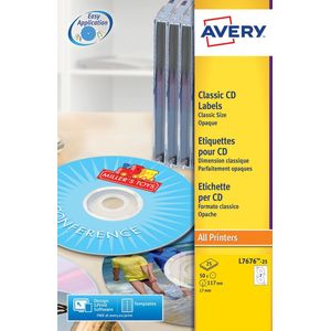 AVERY - Box met 50 zelfklevende CD-etiketten, personaliseerbaar, bedrukbaar, maximale dekking, diameter 117 mm, laserdruk, (L7676-25)