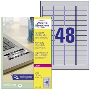 Avery Zweckform Typenschildetiketten L6009-100, extrem robust, geeignet für SW-Laserdrucker, 45,7 x 21,2 mm, 4800 Stück/100 A4-Bogen, Polyesterfolie, silber