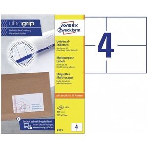 AVERY Zweckform 6133 universele etiketten (met ultragrip, 105 x 74 mm op DIN A5 liggend, mat papier, bedrukbaar, zelfklevend, 800 zelfklevende etiketten op 200 vellen) wit