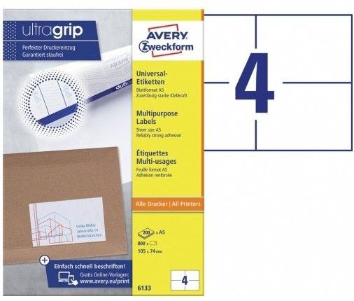 Avery Universele etiketten 105 x 74 mm, wit, Inkjetprinter, Laserprinter, Kopieerapparaat, permanent klevend 6133