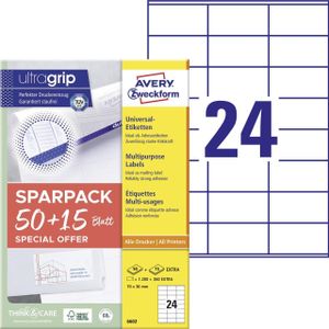 Universaletiketter Avery 70x36 mm, hvid med Ultragrip + 30% ekstra indhold - (65 ark x  24 stk.)