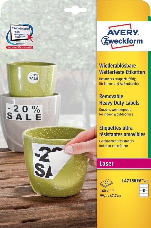 Avery Zweckform L4715REV-20 etiketten, extra sterk, verwijderbaar, DIN A4, 160 etiketten, 99,1 x 67,7 mm, wit, 20 vellen