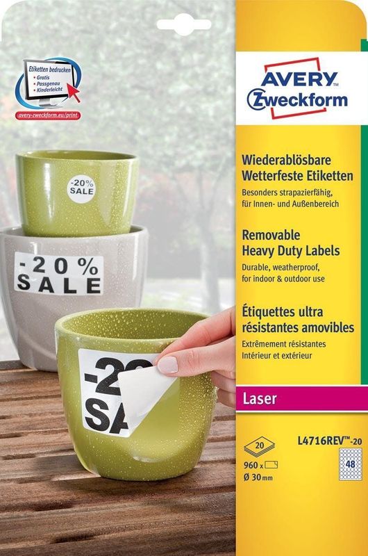 AVERY Zweckform L4716REV-20 Foliestickers - Wit - Ø30mm - 960 Stuks - Waterbestendig