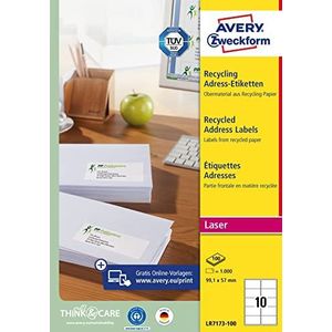 AVERY Zweckform 100 vellen LR7173-100 gerecycled papier (1000 adreslabels 99,1 x 57 mm op A4 gerecycled papier, 100% gerecycled papier, bedrukbaar, zelfklevend, voor C4/C5 enveloppen - natuurlijk wit