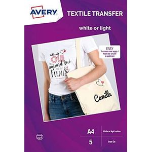 Avery MD1001 A4 afdrukbare stofoverdrachten voor lichte katoen, alleen inkjetprinters - 5 x A4-overdrachten per verpakking, wit