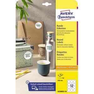 AVERY Zweckform 6226REV-10 Ronde etiketten (120 plakpunten, Ø60 mm op A4, ronde stickers om te bedrukken, weer verwijderbaar/verwijderbaar, zelfklevende jametiketten), 10 vellen, wit