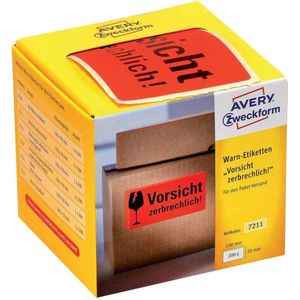 AVERY Zweckform Waarschuwingsetiketten 7211 Voorzichtigheid breekbaar (200 etiketten op rol in kartonnen dispenser, 100 x 50 mm, zelfklevend, waarschuwing voorzichtig, breekbaar voor verzending, verhuizing) neon rood