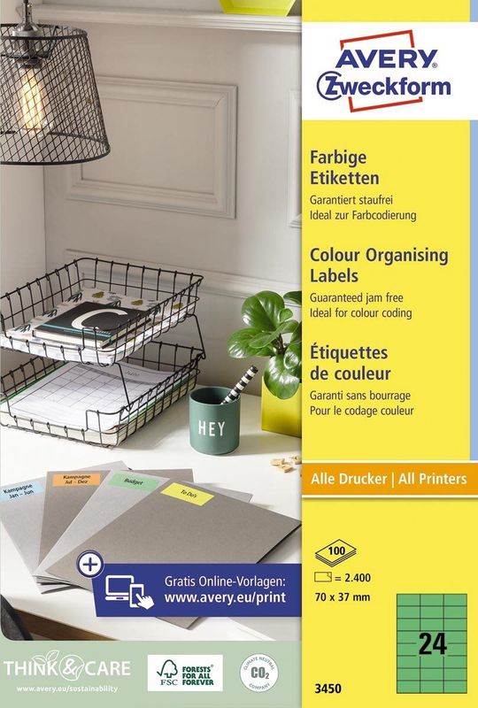Avery Zweckform - 3450 - Etiketten - Groen - 70x37mm - 2400 stuks