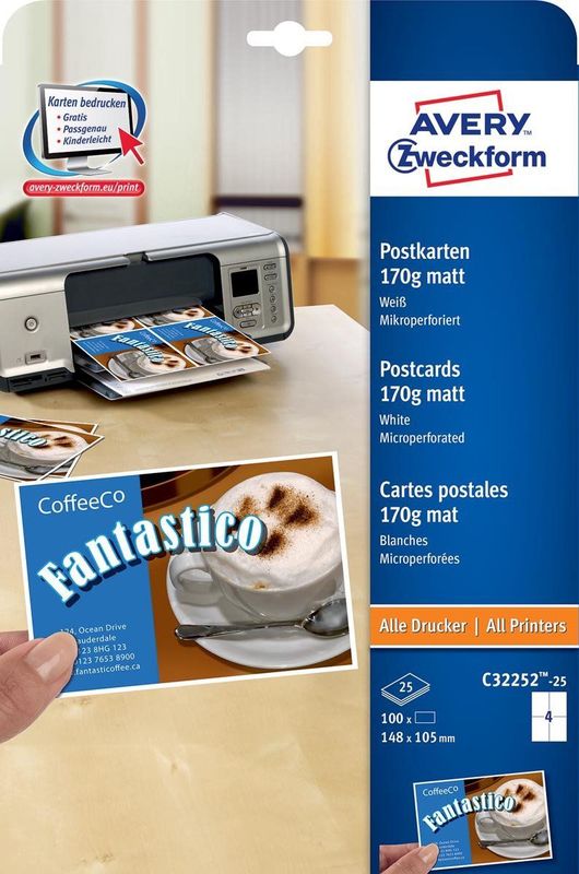 Ansichtkaarten Avery 105x148mm 170gr wit 25 vel 100 kaarten