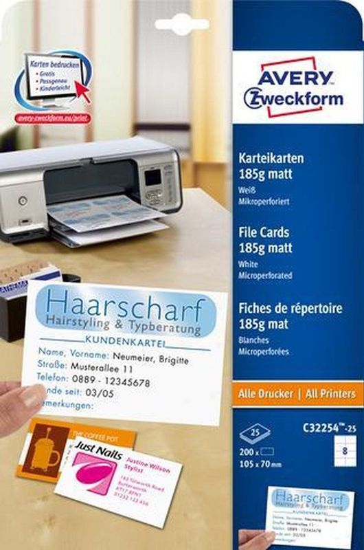Avery - C32254-25 - Indexkaarten - Wit - 200 Stuks - 185 g/m²