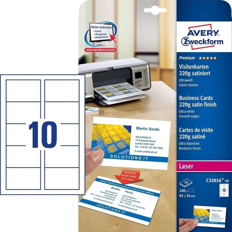 Avery Zweckform - C32016-10 - Visitekaarten - Wit - 100 Stuks - 220 Grams Papier
