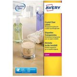 Avery transparante Crystal Clear etiketten ft 63,5 x 38,1 mm, 525 etiketten, 21 per blad