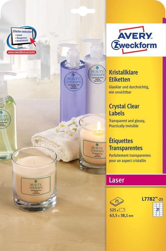 Avery Zweckform L7782-25 crystal clear etiketten 63,5 x 38,1 mm (525 etiketten)