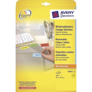 AVERY - Verpakking van 480 gele etiketten, zelfklevend, verwijderbaar, formaat 63,5 x 33,9 mm, laser-/inkjetprinter, (L6035-20)