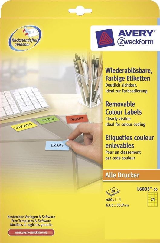Avery Zweckform L6035-20 Etiketten A4 Geel 63,5 x 33,9 mm 480 Stuks