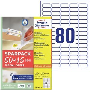 AVERY Zweckform L4732REV-65 universele etiketten (4000 plus 1200 extra zelfklevende etiketten, 35,6 x 16,9 mm op A4, verwijderbaar/verwijderbaar zonder resten achter te laten, bedrukbaar,