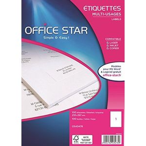 OFFICE STAR – verpakking met 100 multifunctionele etiketten, personaliseerbaar en bedrukbaar, formaat 210 x 297 mm, laserprinter/inkjetprinter, (OS43478)