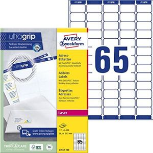 AVERY Zweckform L7651-100 Adresetiketten (6.500 etiketten met ultragrip, 38,1 x 21,2 mm op A4, bedrukbaar, zelfklevend, voor verzendetiketten, mat papier) 100 vellen