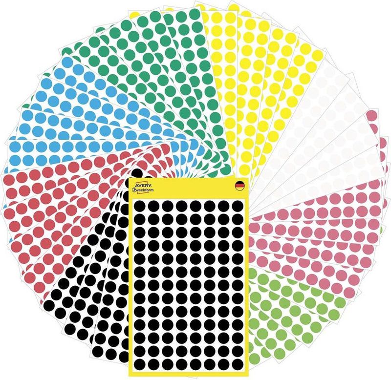 Avery® Zweckform Klebepunkte Set 59994, 3328-teilig, selbstklebend & beschreibbar, 8 Farben, 4 Bögen/Farbe, 416 Punkte/Farbe, Ø 8 mm, 100 % recycelbar