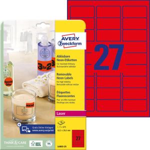 Avery Neon-Etiketten L6003-25, zum Beschriften, ablösbar, Papier, rot, 63,5 x 29,6 mm, 25 x A4 Bögen, 675 Stk.