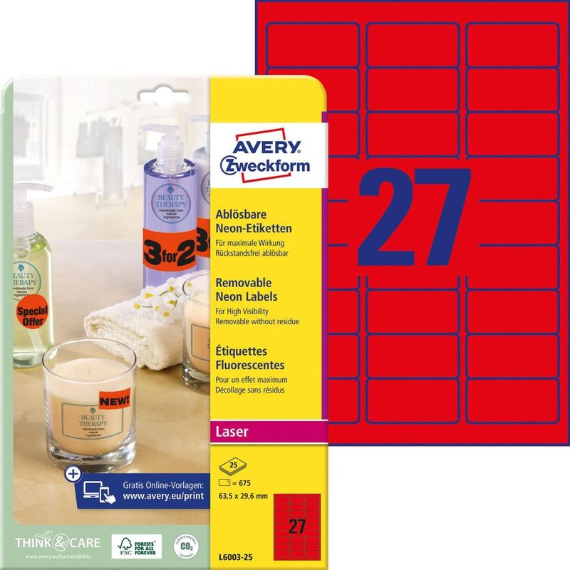 Avery Zweckform Etiketten 63,5x29,6mm neonrot VE=675 Stück
