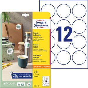 AVERY Zweckform L3416-10 Ronde etiketten (120 plakpunten, Ø60 mm op A4, ronde stickers om te bedrukken, zelfklevende productetiketten, permanent hechtende jametiketten), 10 vellen, wit