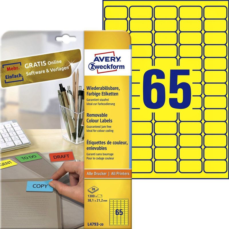 Avery Zweckform - L4793-20 - Etiketten - Geel - 38.1x21.2mm - 1300 Stuks